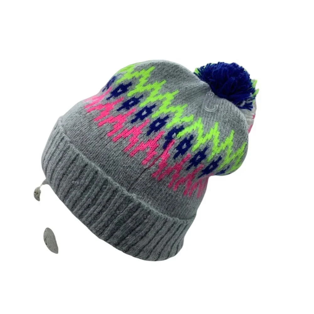Aeropostale Gray Knit Pom Beanie‎ Hat Neon Pink Green Fair Isle Pattern NWOT